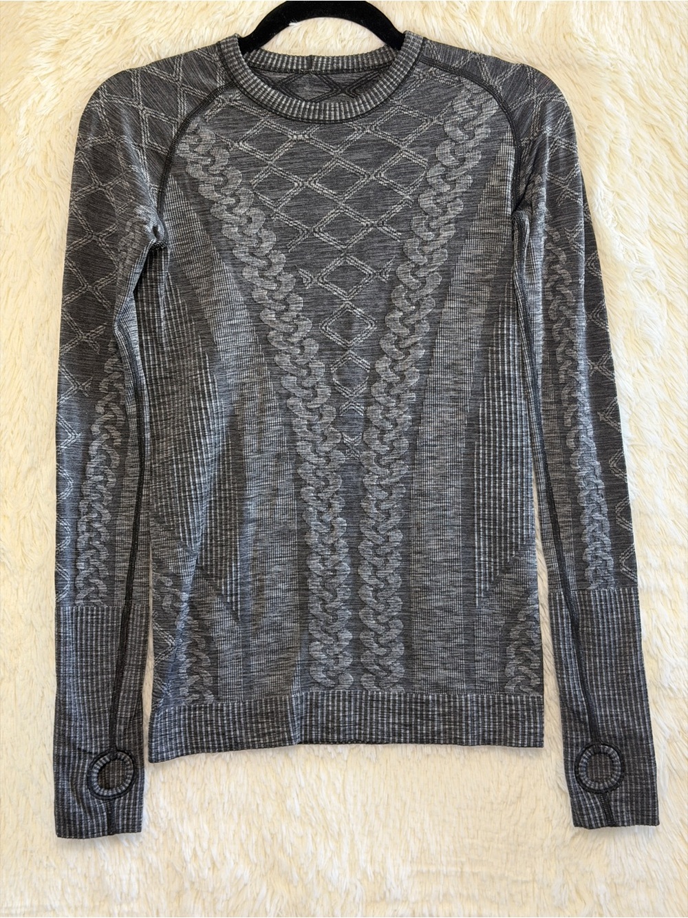 Lululemon Womens Rest Less Pullover Top 4/6 Heathered Black Cable Knit Gym READ